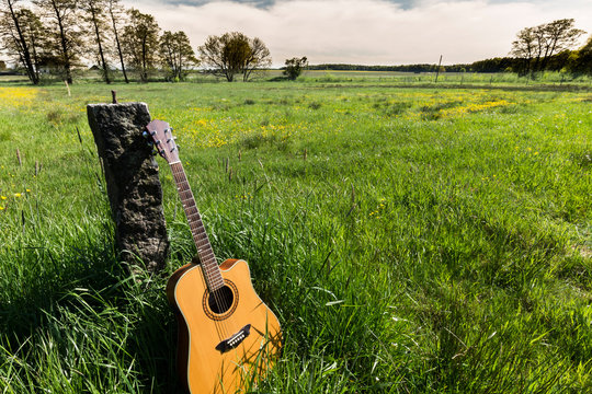 Gitarre in gr&uuml;ner Wiese, angelehnt, Soonnenschein