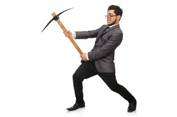 Young businessman holding a tool isolated on white