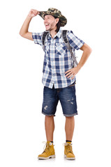 Young traveller with backpack isolated on white