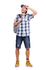 Fototapeta premium Young traveler with rucksack isolated on white