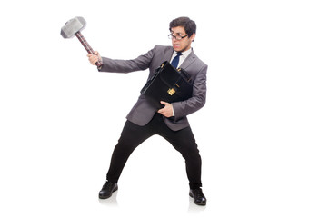 Business man holding hammer isolated on white