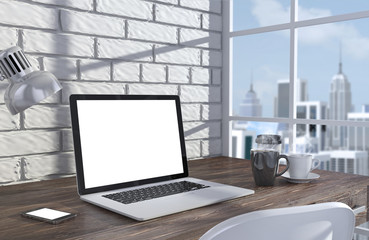 3D illustration laptopand work stuff on table near brick wall