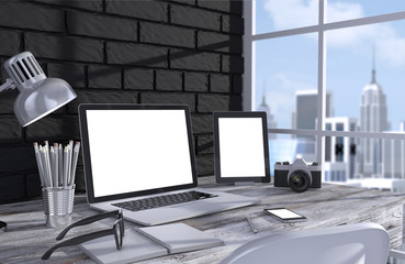 3D illustration laptopand work stuff on table near brick wall