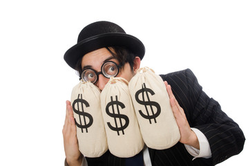 Young employee holding money bags isolated on white