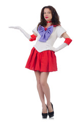 Female model wearing red dress isolated on white