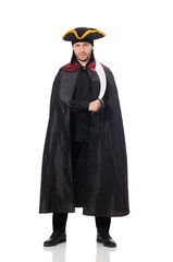 Young man in carnival coat isolated on white