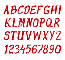 red hand drawn alphabet set with numbers