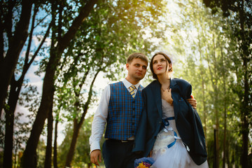 happy bride, groom, kissing, smiling, laughing. in wedding day.