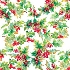 Seamless pattern in watercolor branches with rowan berries