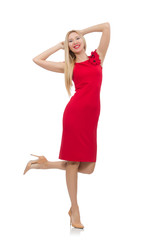Blond woman in scarlet dress isolated on white
