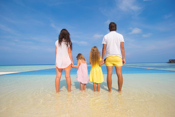 Back view of beautiful family on a beach during summer vacation