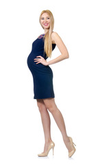Fototapeta premium Beautiful pregnant woman in blue dress isolated on white