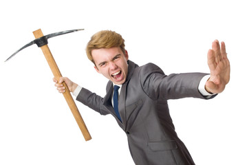 Young businessman with weapon isolated on white