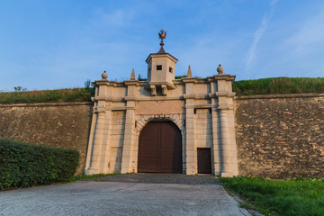 Leopold gate of New Fortress in Slovak town Komarno at sunset.