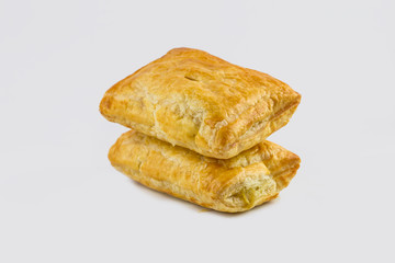 closeup chicken pie isolated on white background