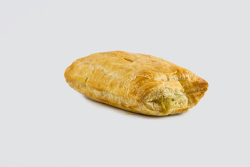 closeup chicken pie isolated on white background