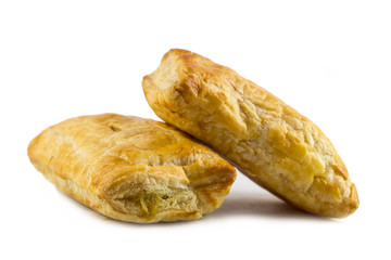 closeup chicken pie isolated on white background