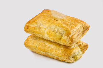 closeup chicken pie isolated on white background