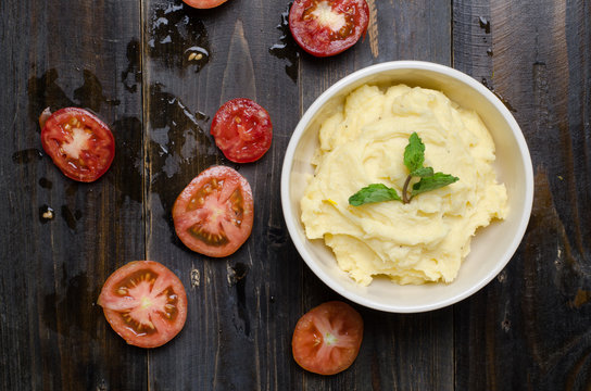 Mashed Potato On Wooden Background