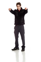 Model pointing to camera