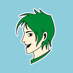Smiling man with green hair. Suits well for logo and stationery.