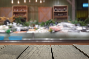 Defocus and blur image of terrace wood and Supermarket blur back