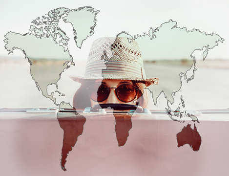Double exposure map of world with traveler woman