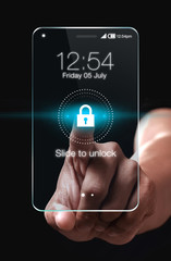 Transparent smartphone with lock icon on blue background