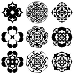 Set of kaleidoscopic floral tattoo. Mandala in black and white