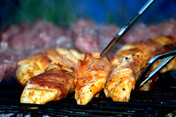 Grilled chicken slices, sausage background