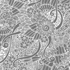 Seamless floral retro doodle black and white background pattern 