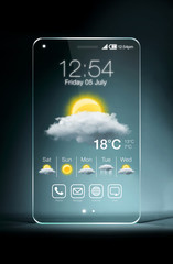 Transparent smartphone with weather icon on blue background
