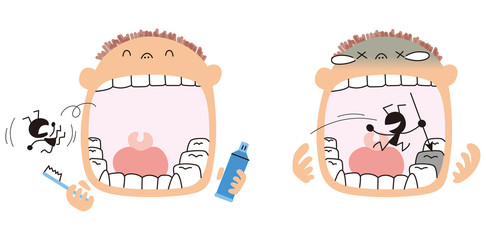 基本 RGB歯磨きする男の子と虫歯になる男の子