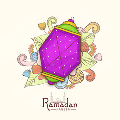 Ramadan Kareem celebration with colorful Arabic lamp.