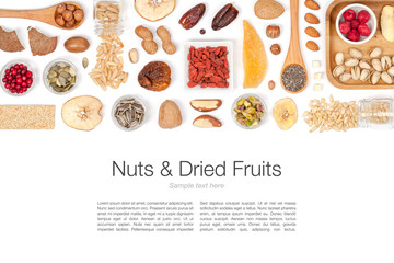 nuts and dried fruits on white background