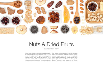 nuts and dried fruits on white background