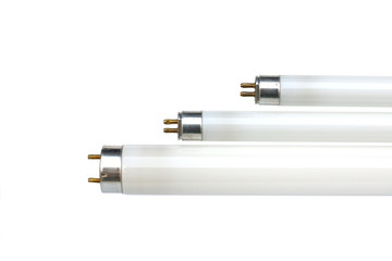 Bulb, Tube, Fluorescent T5 lamplight, and electronic waste on a white background..