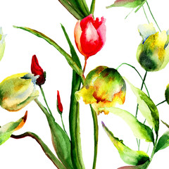 Panele Szklane  Bezszwowa tapeta z kwiatami tulipanów