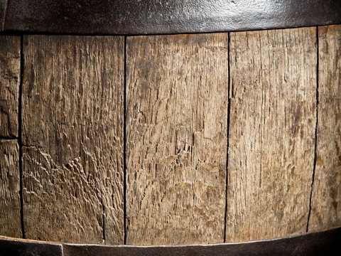Old oak wine barrel. Close-up shot.