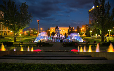 light and music fountain in the evening in Rostov on don