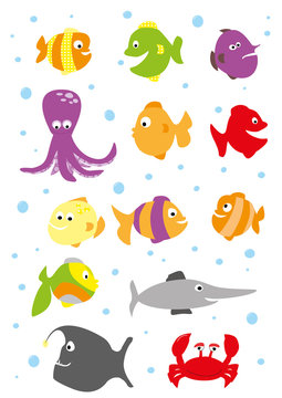 set of sea animals on whote background