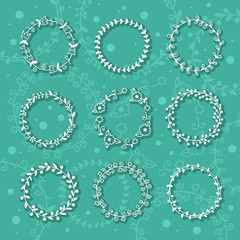 Wreaths and laurel wreaths, round frames. Floral elements for greeting cards and congratulations.