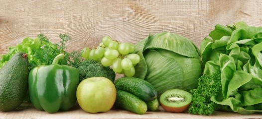 Set of green vegetables and fruits