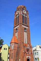 Tower of Church of Martin Lutherin Swinoujscie, Poland - obrazy, fototapety, plakaty