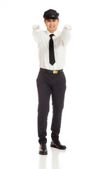 Model pointing to camera