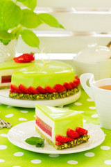 Cake with vanilla yogurt and strawberry mousse  