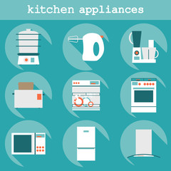 Set flat design icons of kitchen appliances with long shadow.