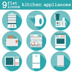 Set flat design icons of kitchen appliances with long shadow.