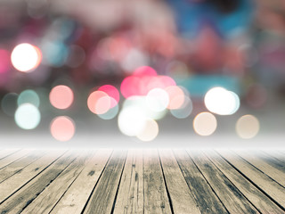 old wooden floor platform on bokeh light,background