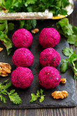 Pkhali Beet with walnuts. Georgian cuisine.